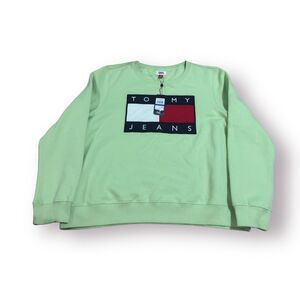Tommy Jeans Flag Logo Sweartshirt Retro 90s Crew Neck Mint Green‎ Mens Size XL